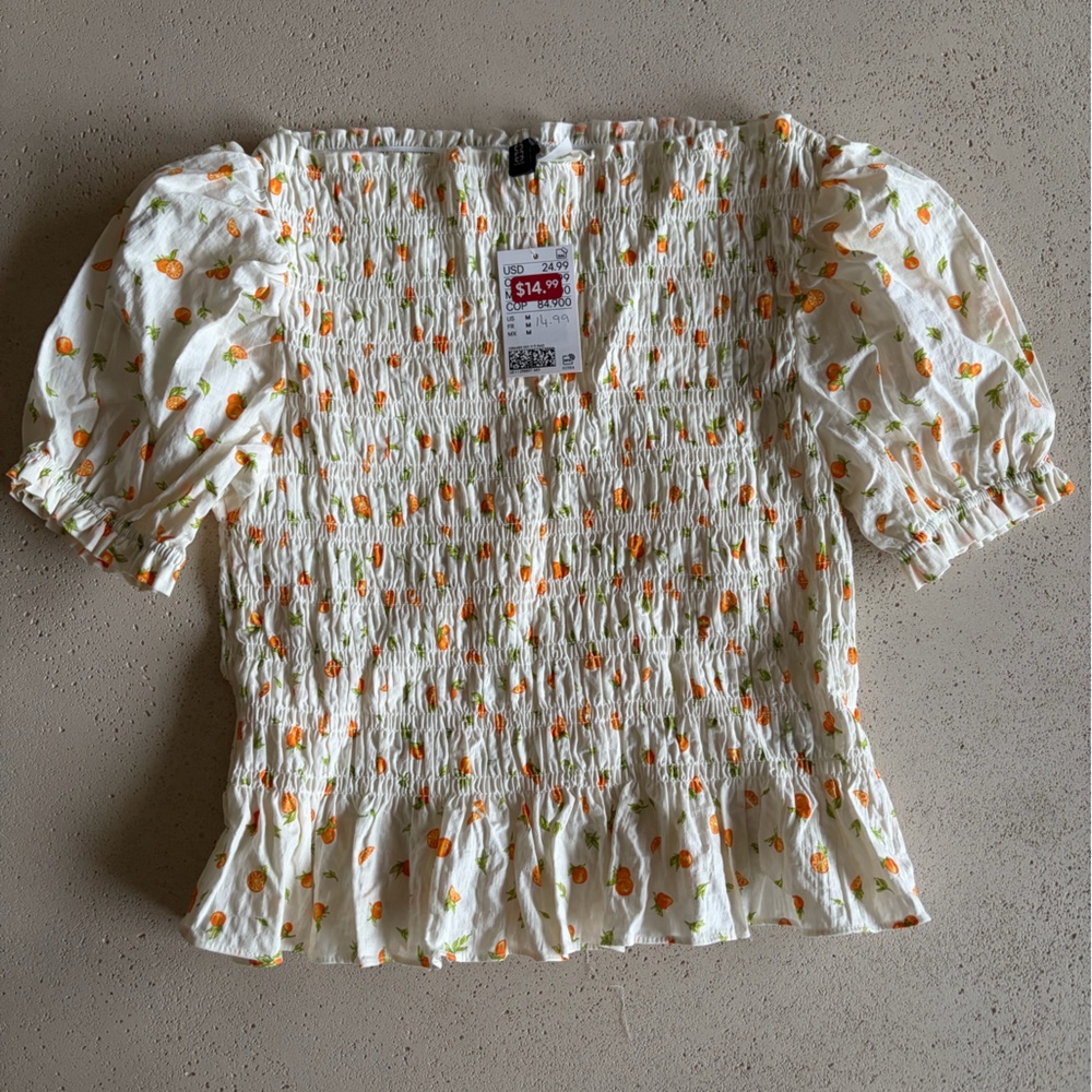 H&M White Smocked Crop Top with Orange and Green Fruit Print